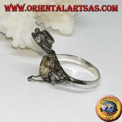 Silver box ring (poison holder) with oval garnet and baroque decorations