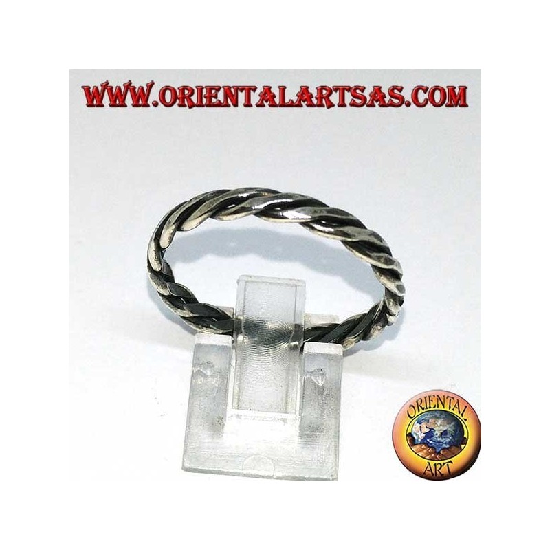 Silver ring with two wires rolled up on itself