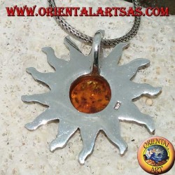 Pendant in silver sun with rays and hemispherical Amber in the center