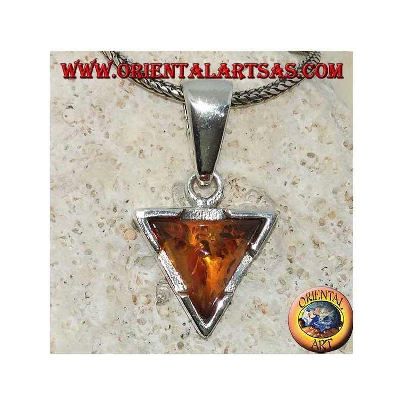 Triangular silver pendant with natural triangular amber...