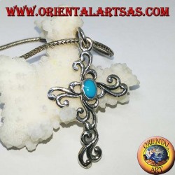 Pendentif croix florale en argent avec pâte turquoise ovale