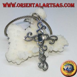 Silver floral cross pendant with oval turquoise paste