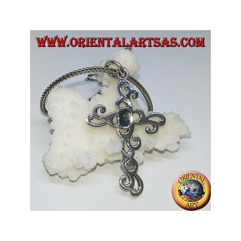 Silver floral cross pendant with oval turquoise paste
