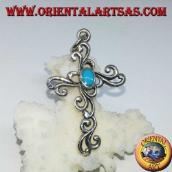 Silver floral cross pendant with oval turquoise paste