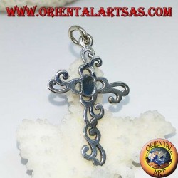 Pendentif croix florale en argent avec pâte turquoise ovale