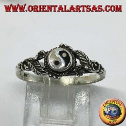 Anillo de plata yin yang Tao (pequeño) con hojas a los lados