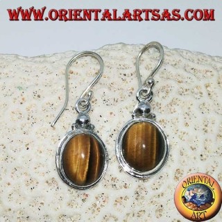 Orecchini pendente in argento con occhio di tigre ovale a bordo semplice