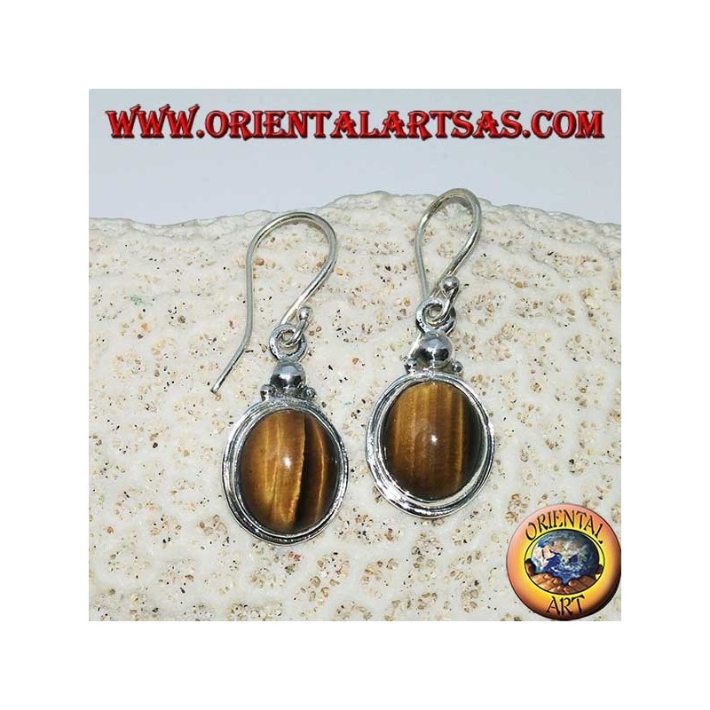 Silver pendant earrings with oval tiger eye on simple border
