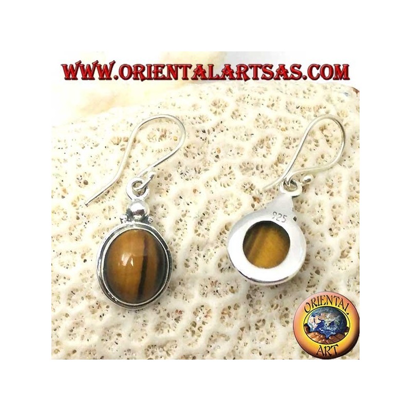 Silver pendant earrings with oval tiger eye on simple border