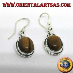 Silver pendant earrings with oval tiger eye on simple border