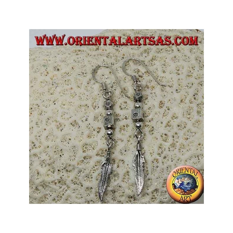 Silver earrings with nuggets and feather pendant, handmade by Karen