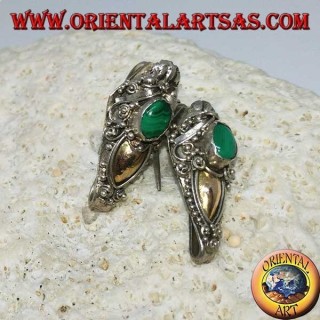 Orecchini in argento ad uncino testa di drago con foglia d'oro e malachite ovale