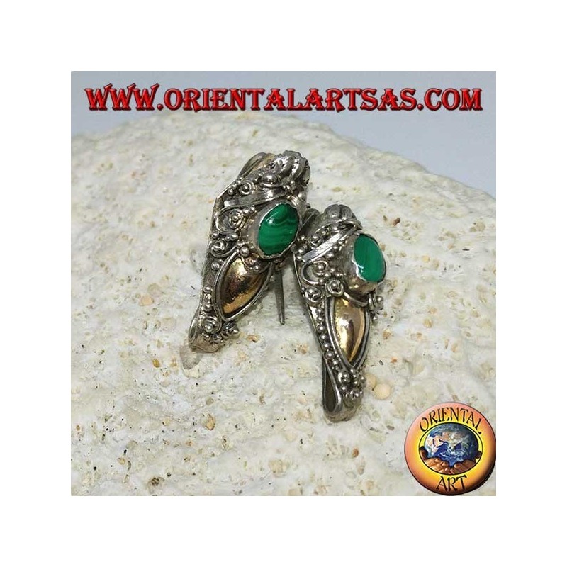 Silver dragon head hook earrings with gold leaf and oval malachite