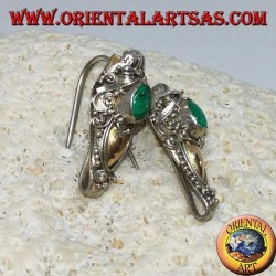 Silver dragon head hook earrings with gold leaf and oval malachite