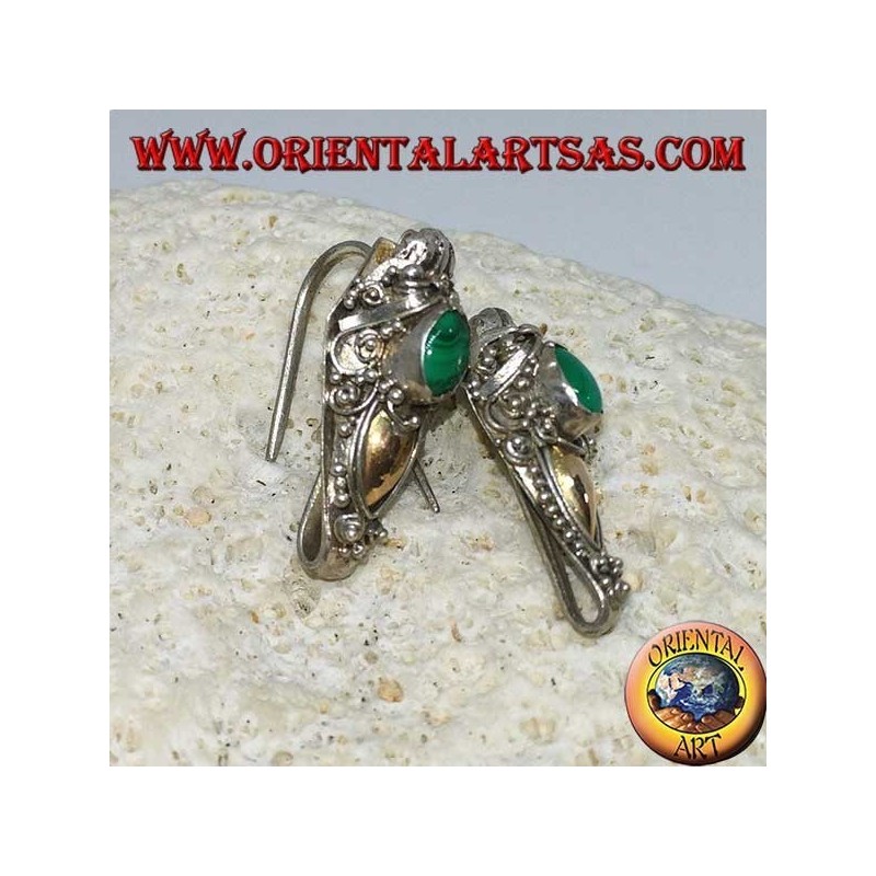 Boucles doreilles en argent à tête de dragon avec feuille d'or et malachite ovale