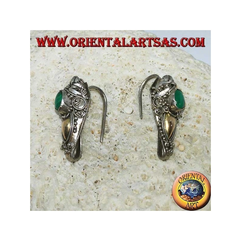 Orecchini in argento ad uncino testa di drago con foglia d'oro e malachite ovale