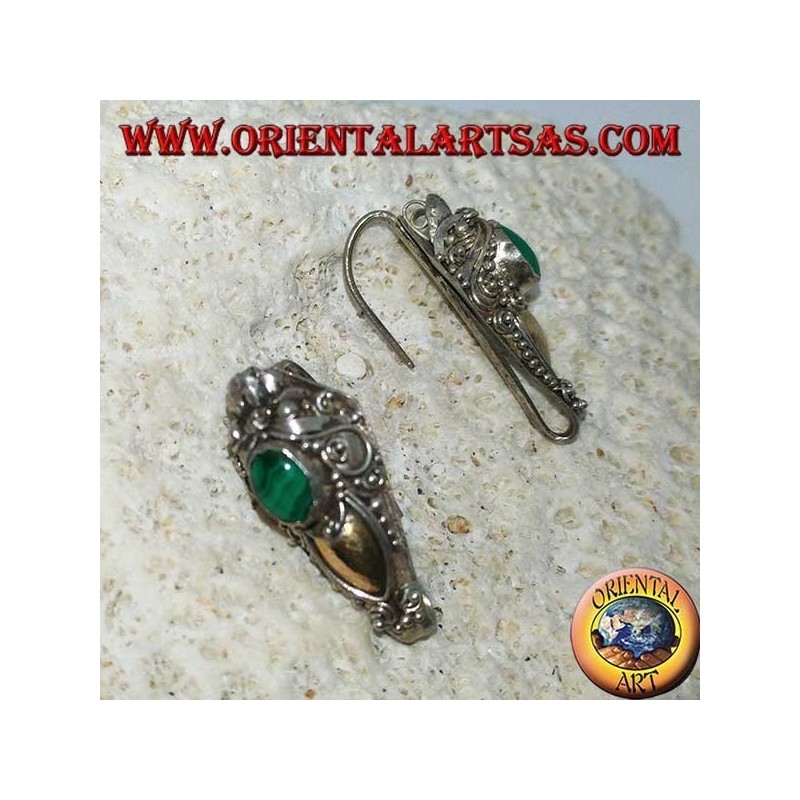 Orecchini in argento ad uncino testa di drago con foglia d'oro e malachite ovale