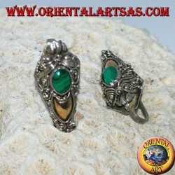 Silver dragon head hook earrings with gold leaf and oval malachite