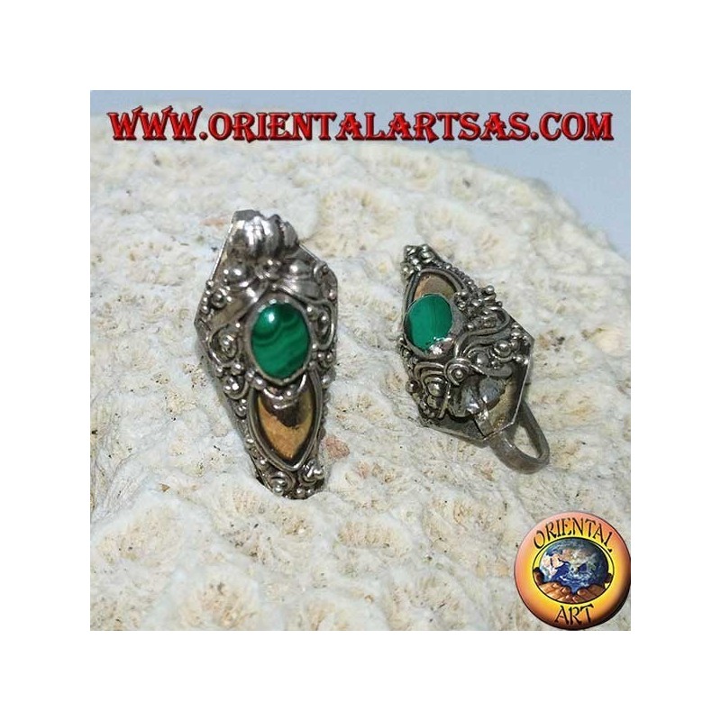 Orecchini in argento ad uncino testa di drago con foglia d'oro e malachite ovale