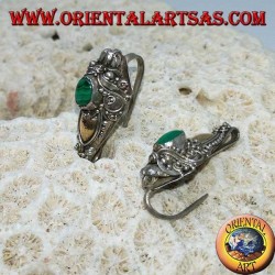 Silberne Drachenkopf-Hakenohrringe mit Blattgold und ovalem Malachit
