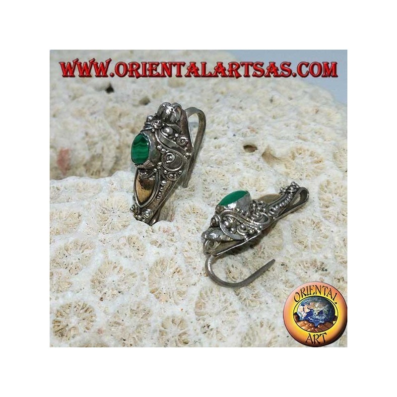 Silberne Drachenkopf-Hakenohrringe mit Blattgold und ovalem Malachit