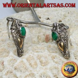 Silver dragon head hook earrings with gold leaf and oval malachite