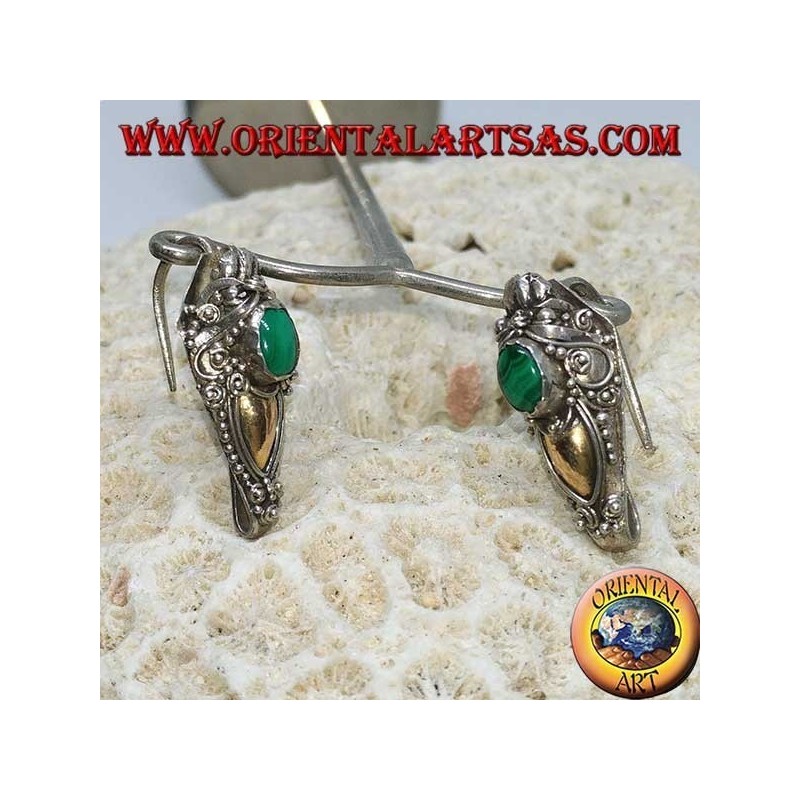 Silver dragon head hook earrings with gold leaf and oval malachite