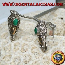 Silver dragon head hook earrings with gold leaf and oval malachite