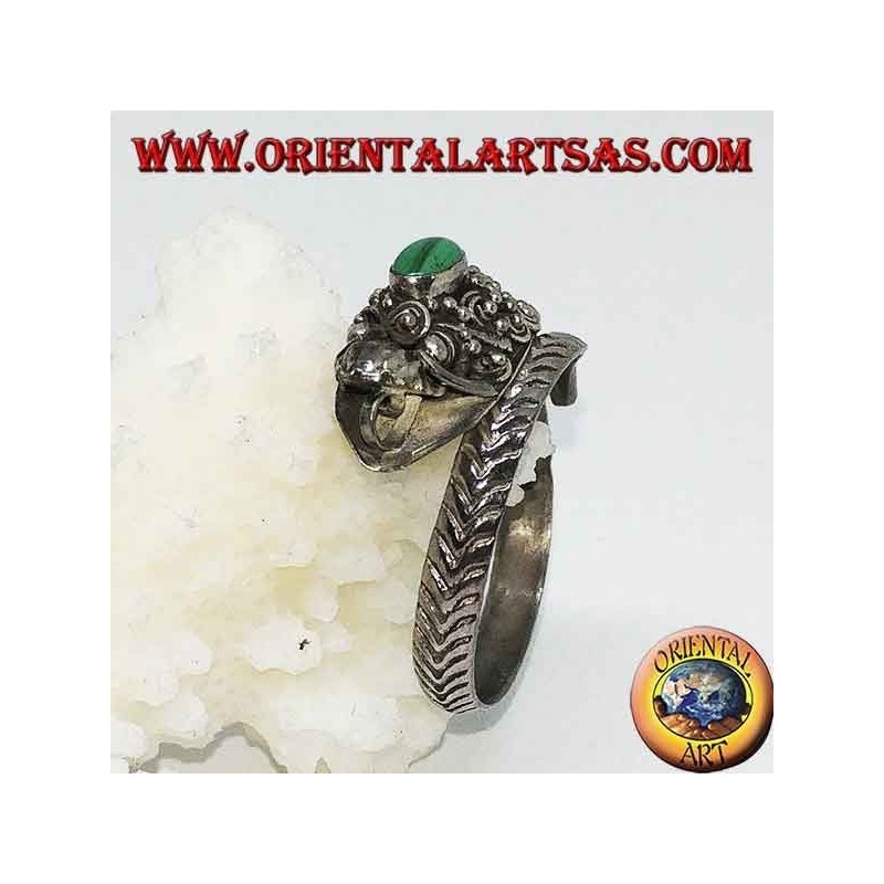 Silberring mit Drachenkopf mit Blattgold und ovalem Malachit, verstellbar