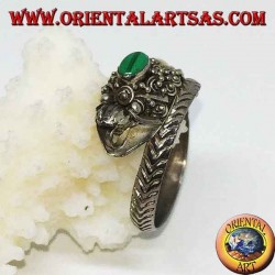 Silver ring with dragon's head with gold leaf and oval malachite, adjustable
