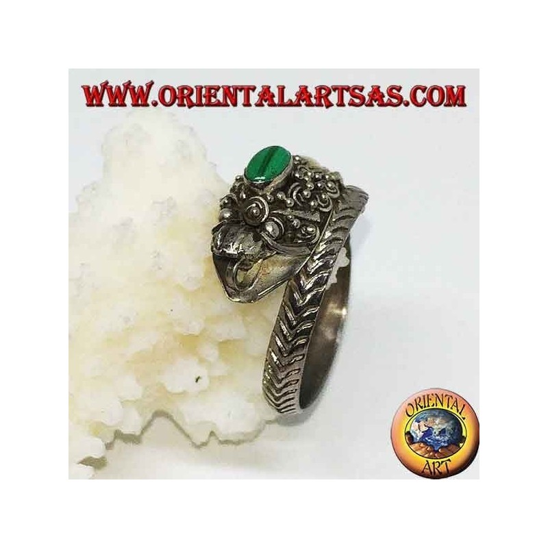 Silver ring with dragon's head with gold leaf and oval malachite, adjustable