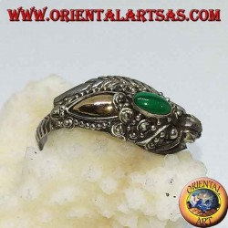 Silver ring with dragon's head with gold leaf and oval malachite, adjustable
