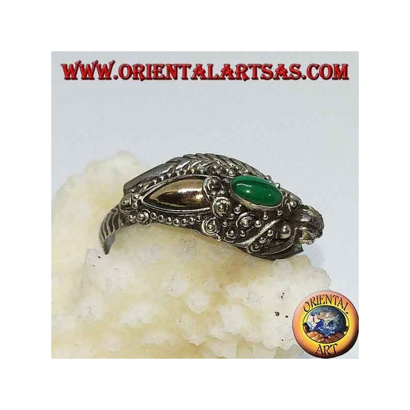 Silver ring with dragon's head with gold leaf and oval malachite, adjustable