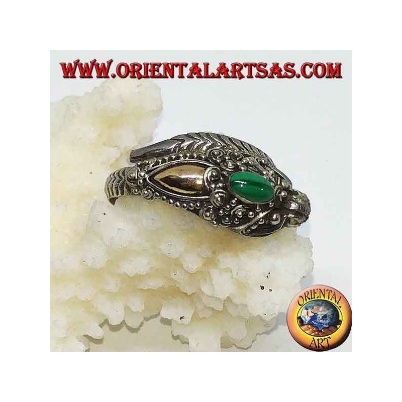 Anillo de plata con cabeza de dragón con pan de oro y malaquita ovalada, ajustable
