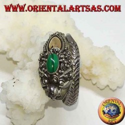 Silberring mit Drachenkopf mit Blattgold und ovalem Malachit, verstellbar