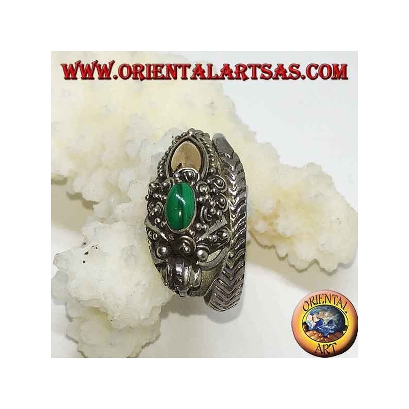 Anello Drago Malachite Foglia Oro Argento 925 Regolabile | Oriental Art