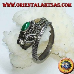 Silver ring with dragon's head with gold leaf and oval malachite, adjustable