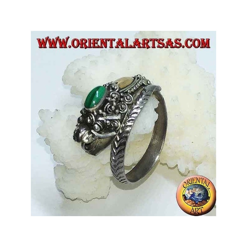 Bague en argent avec tête de dragon à feuille d'or et malachite ovale, réglable