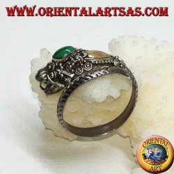 Bague en argent avec tête de dragon à feuille d'or et malachite ovale, réglable
