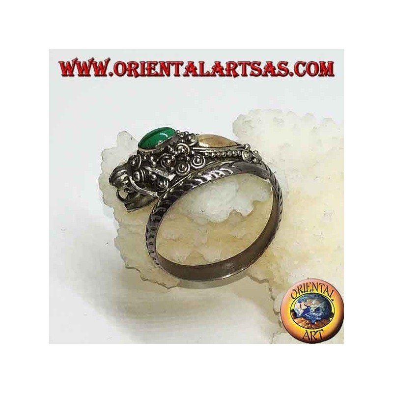 Silver ring with dragon's head with gold leaf and oval malachite, adjustable