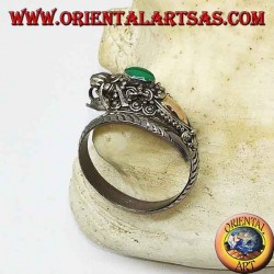 Anillo de plata con cabeza de dragón con pan de oro y malaquita ovalada, ajustable