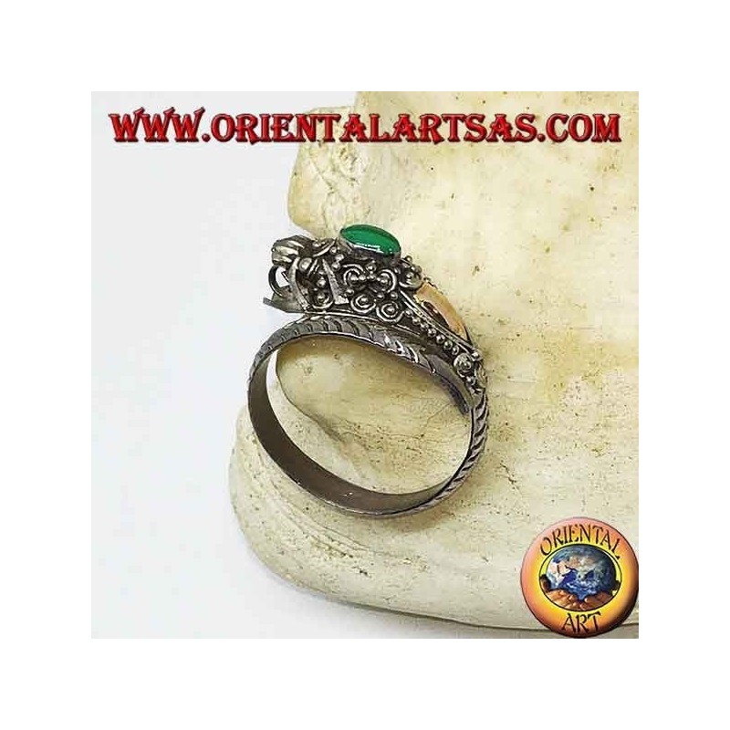 Anillo de plata con cabeza de dragón con pan de oro y malaquita ovalada, ajustable