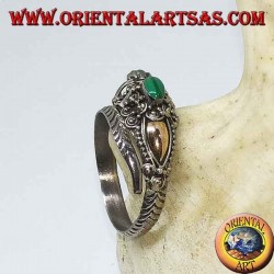 Silver ring with dragon's head with gold leaf and oval malachite, adjustable