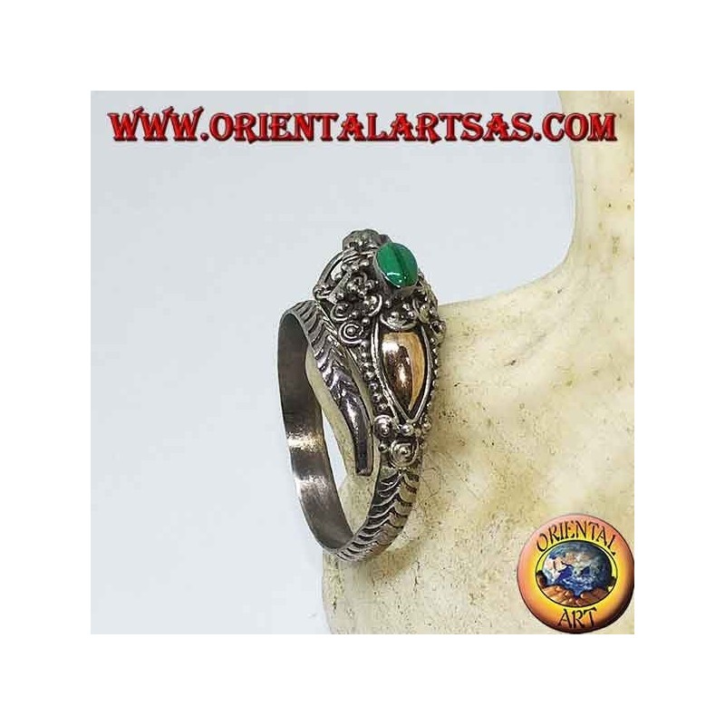 Silberring mit Drachenkopf mit Blattgold und ovalem Malachit, verstellbar