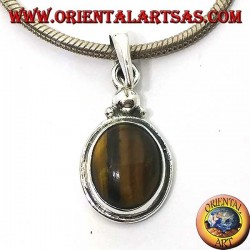 Pendentif en argent avec oeil de tigre ovale et bordure simple