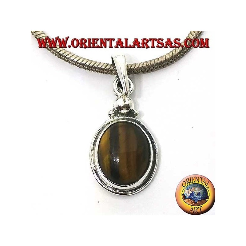 Pendentif en argent avec oeil de tigre ovale et bordure simple