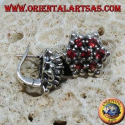 Silver earrings, hexagonal formed by 7 round garnets surrounded by spheres