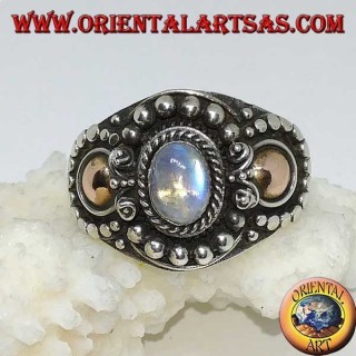 Handmade silver ring with rainbow moonstone (adularia) and gold applications