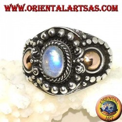 Handmade silver ring with rainbow moonstone (adularia) and gold applications