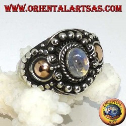 Bague en argent faite main avec pierre de lune arc-en-ciel (adularia) et applications dorées